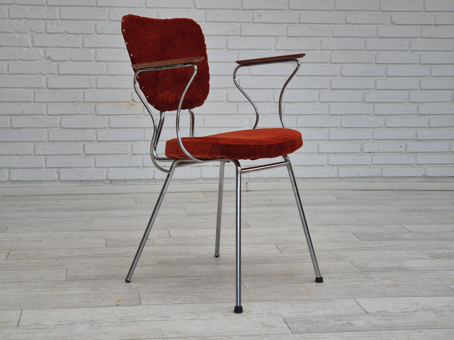 1960s, Danish armchair, original condition, teak wood armrests, chrome steel.