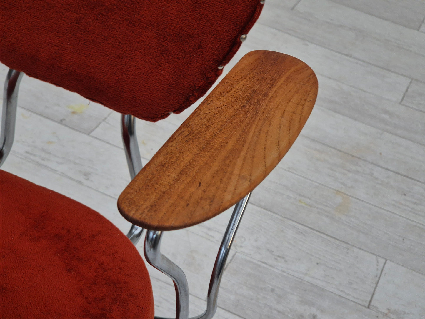 1960s, Danish armchair, original condition, teak wood armrests, chrome steel.