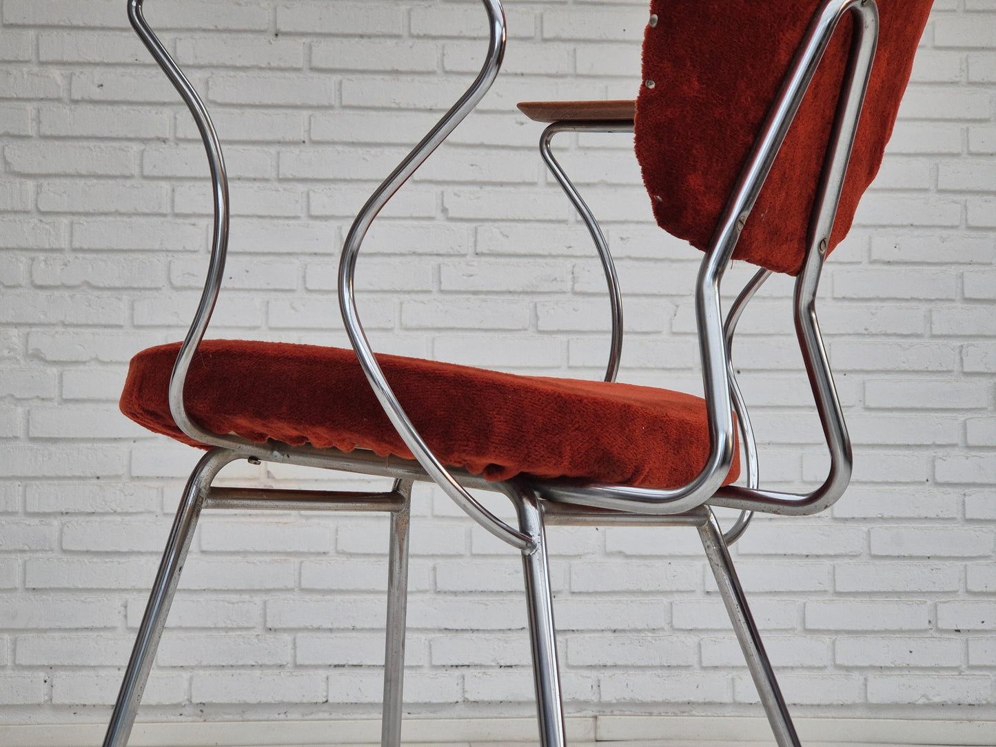 1960s, Danish armchair, original condition, teak wood armrests, chrome steel.