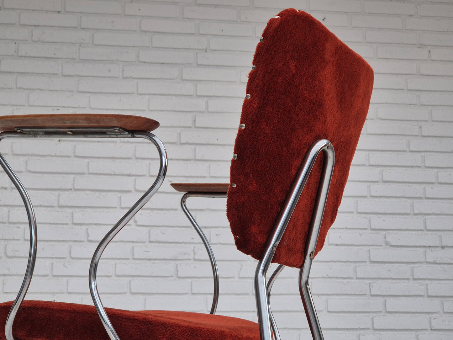 1960s, Danish armchair, original condition, teak wood armrests, chrome steel.