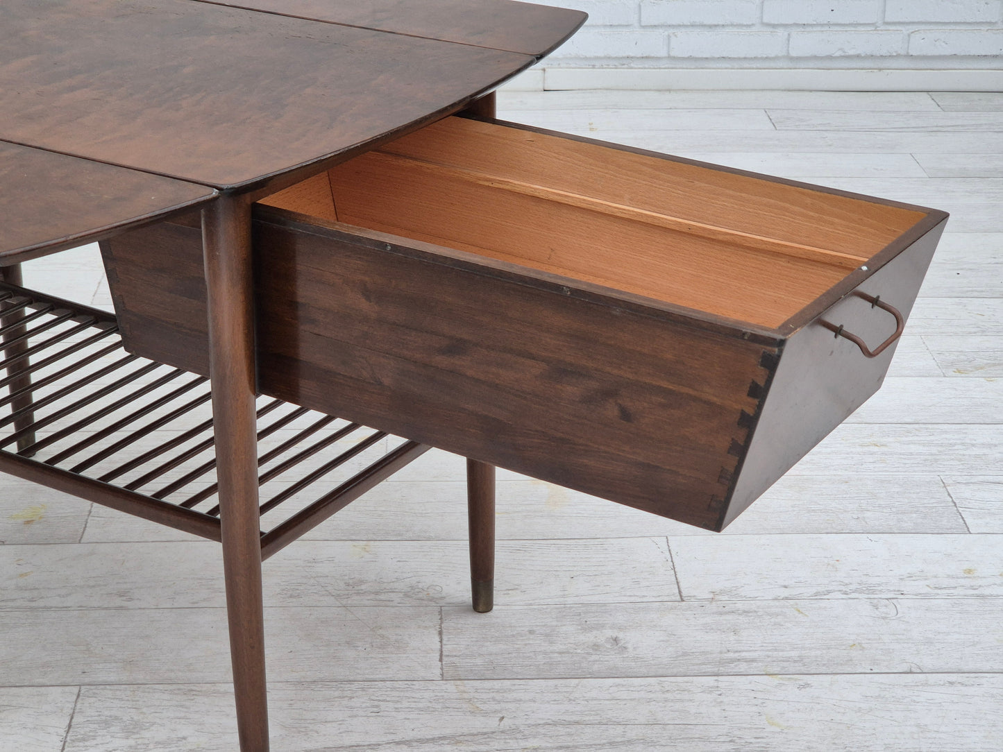 1950s, Danish foldable coffee table with drawer and shelf, original condition.