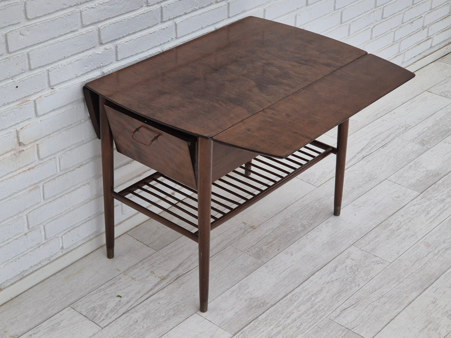 1950s, Danish foldable coffee table with drawer and shelf, original condition.