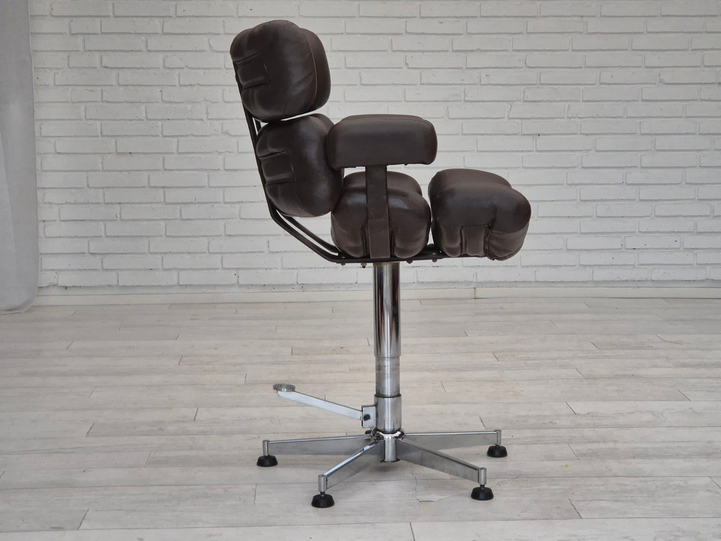 1970s, Scandinavian adjustable barber swivel chair, original condition, artificial leather, chrome steel.