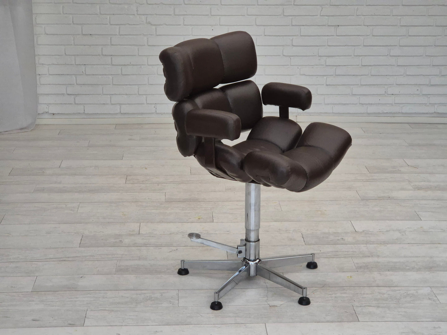 1970s, Scandinavian adjustable barber swivel chair, original condition, artificial leather, chrome steel.