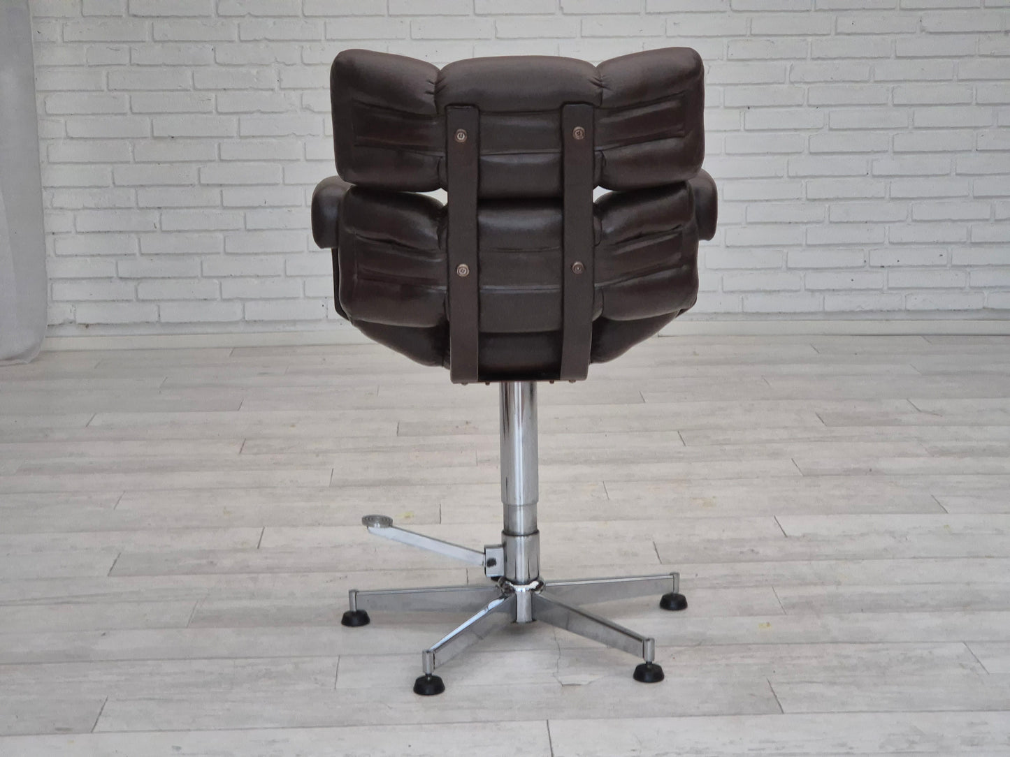 1970s, Scandinavian adjustable barber swivel chair, original condition, artificial leather, chrome steel.