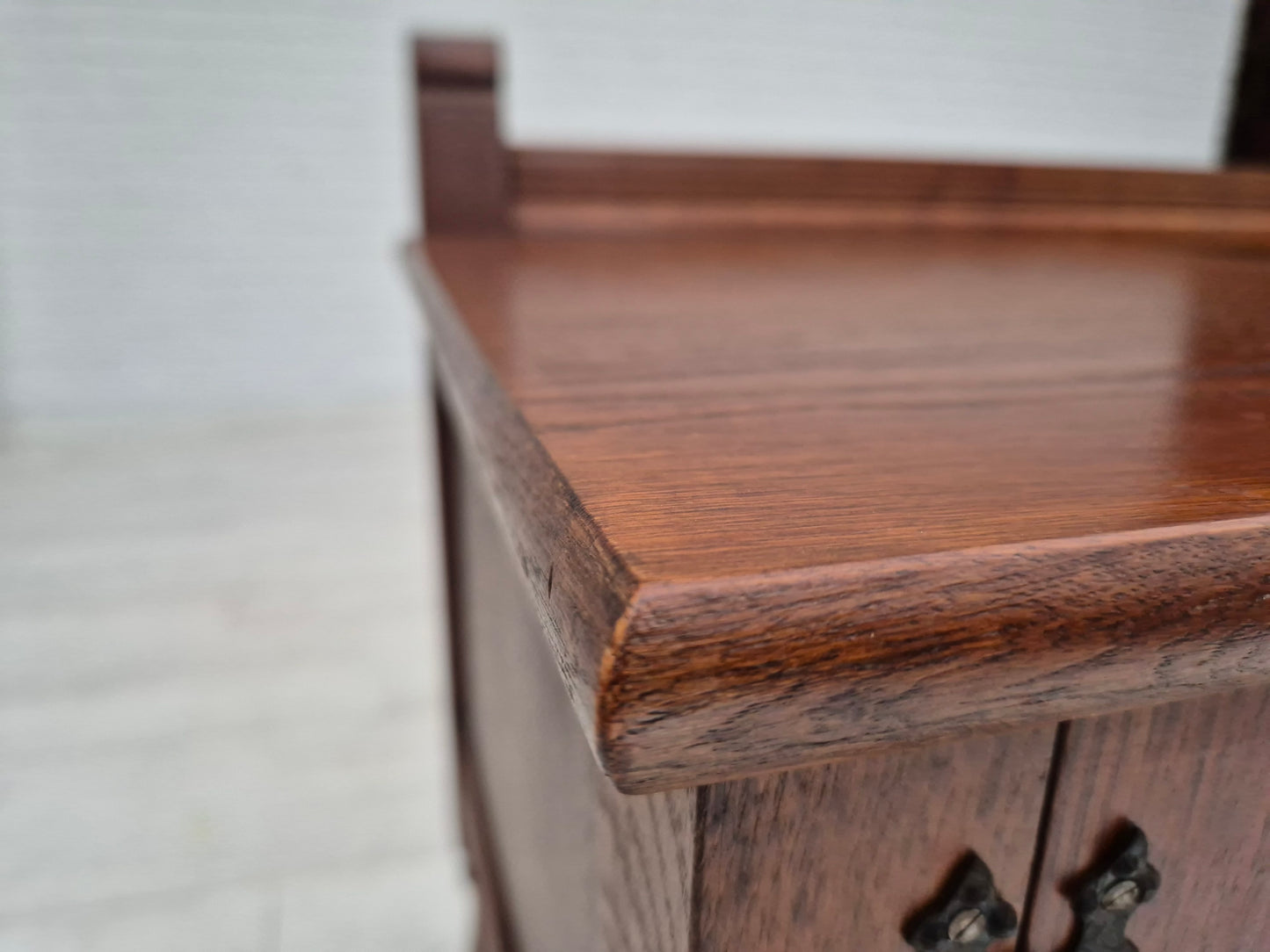 1960s, Danish side bench, dark solid oak wood, plywood.