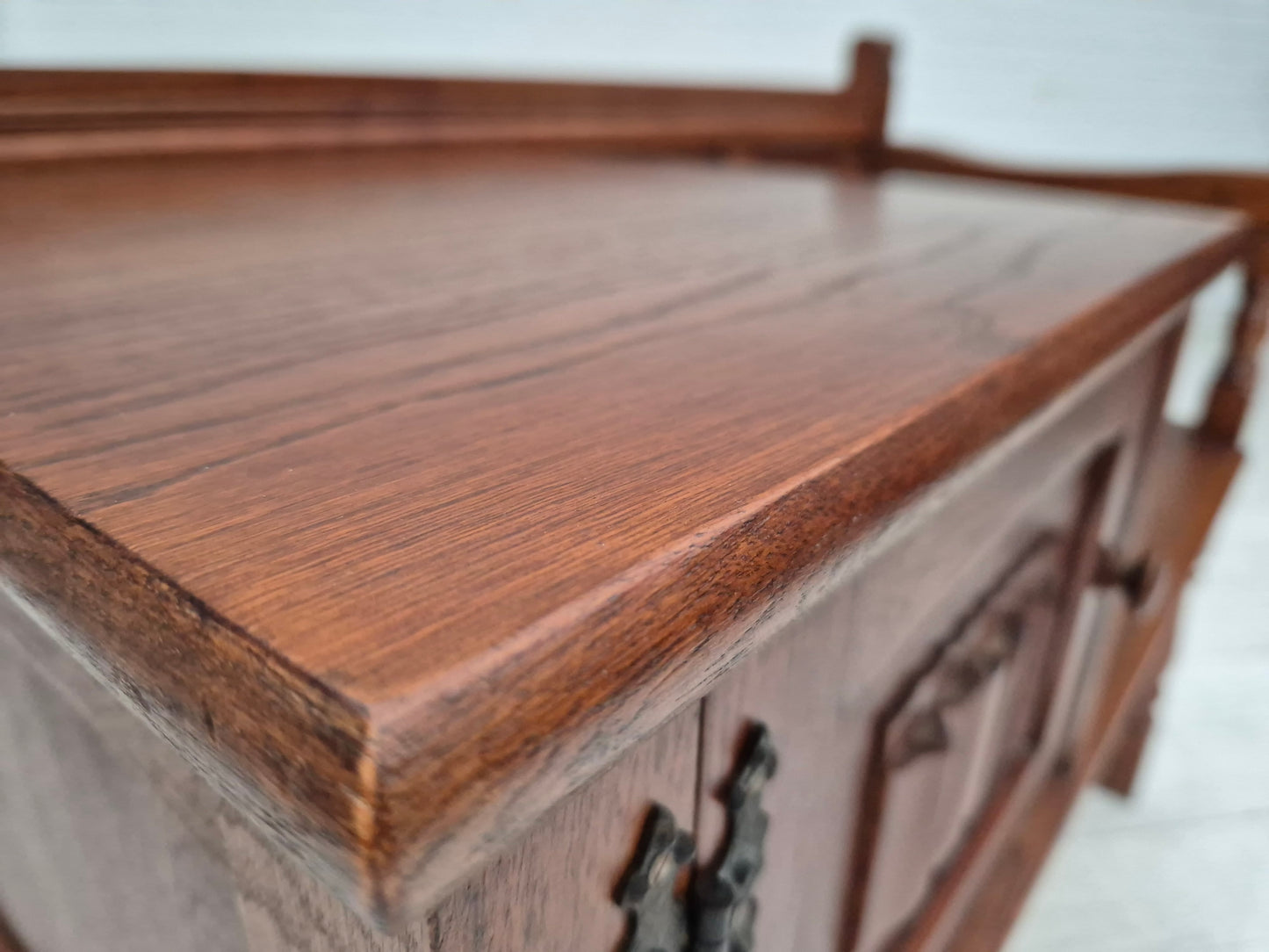 1960s, Danish side bench, dark solid oak wood, plywood.