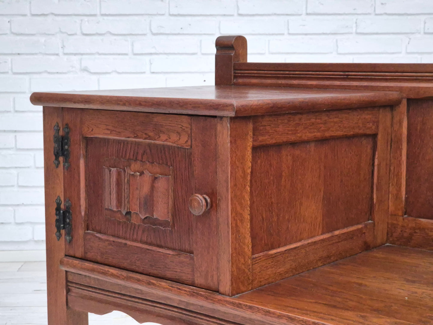 1960s, Danish side bench, dark solid oak wood, plywood.