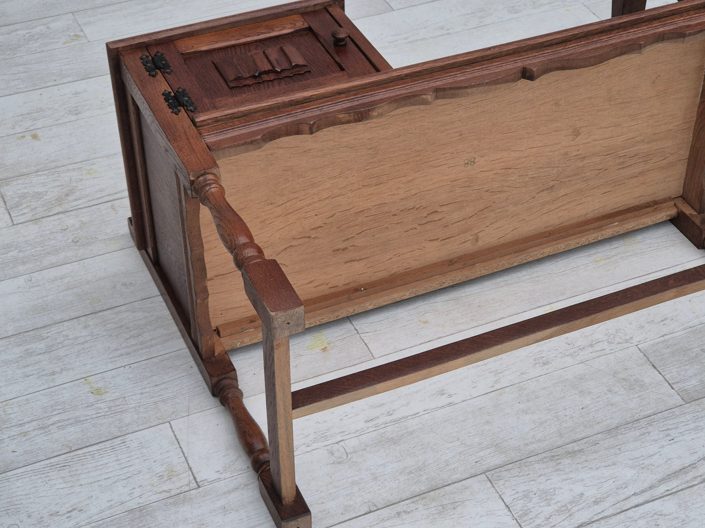 1960s, Danish side bench, dark solid oak wood, plywood.