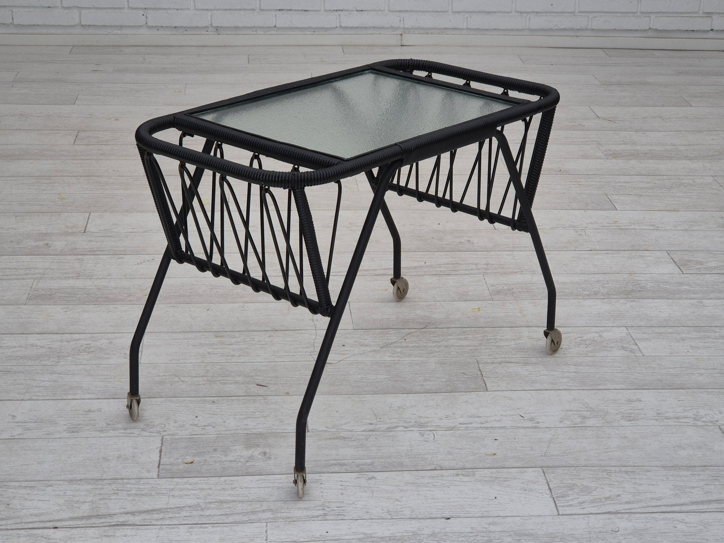 1970s, Scandinavian side table, original condition, glass, brass wheels, wood, metal, plastic rope.