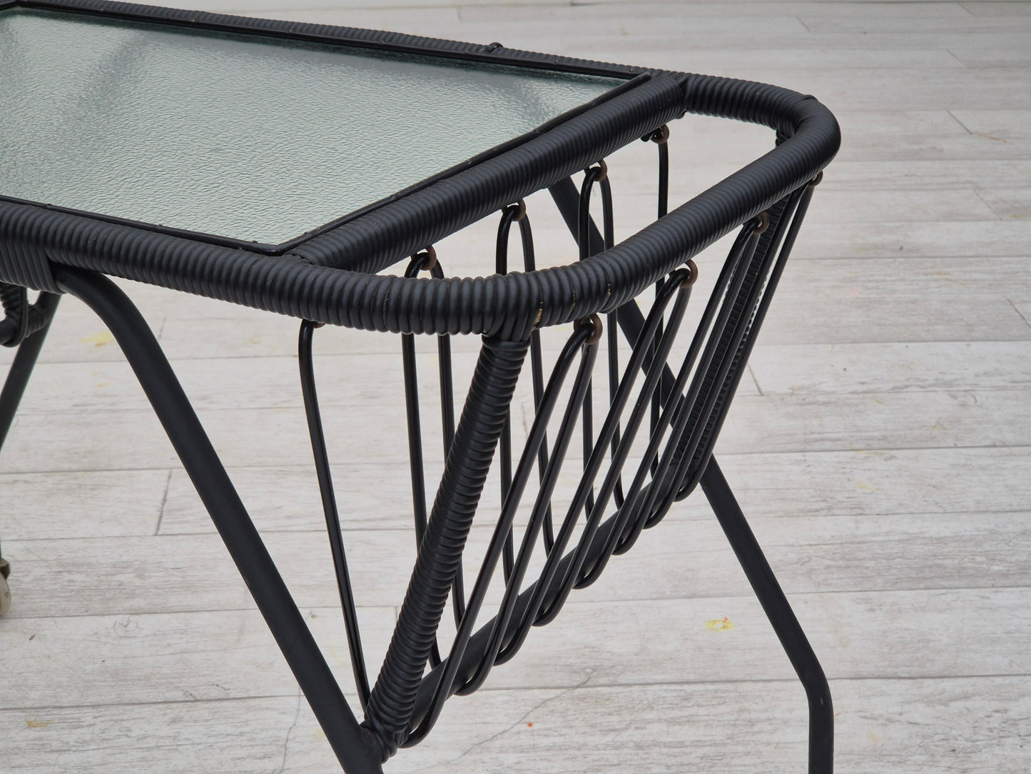 1970s, Scandinavian side table, original condition, glass, brass wheels, wood, metal, plastic rope.