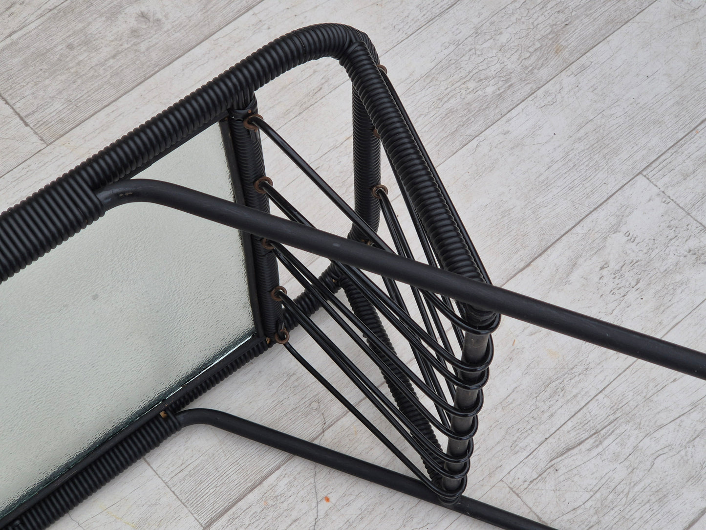 1970s, Scandinavian side table, original condition, glass, brass wheels, wood, metal, plastic rope.