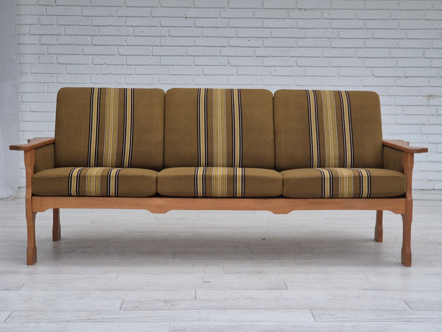 1970s, Danish 3 seater sofa, original condition, furniture wool, solid oak wood.