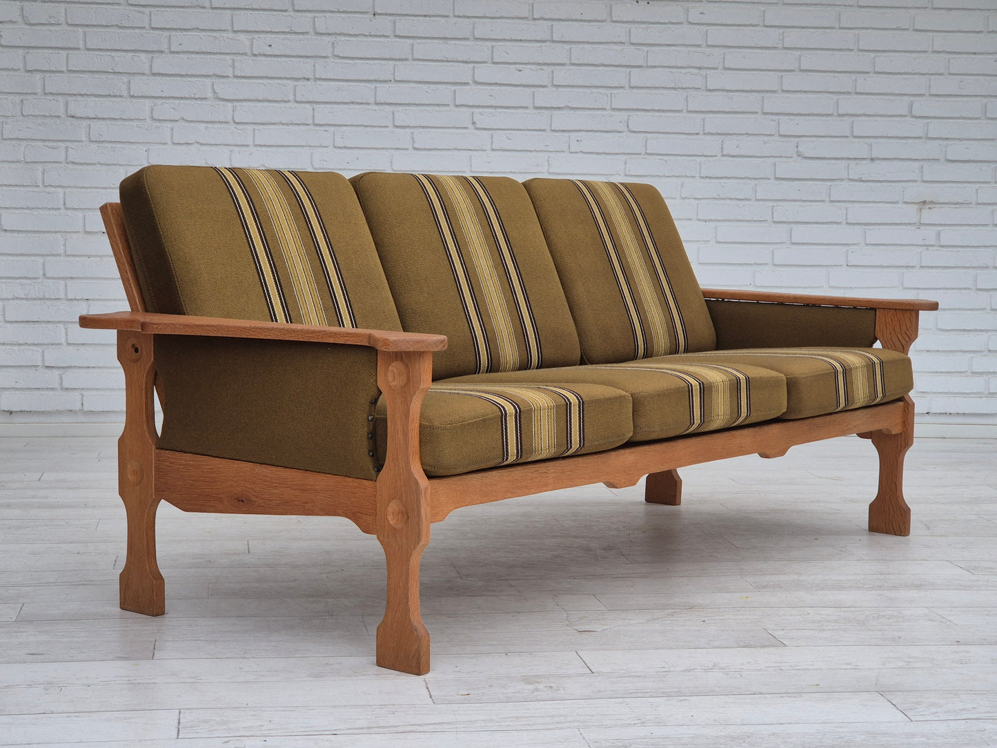 1970s, Danish 3 seater sofa, original condition, furniture wool, solid oak wood.