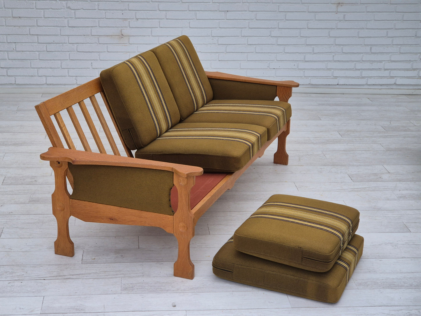 1970s, Danish 3 seater sofa, original condition, furniture wool, solid oak wood.