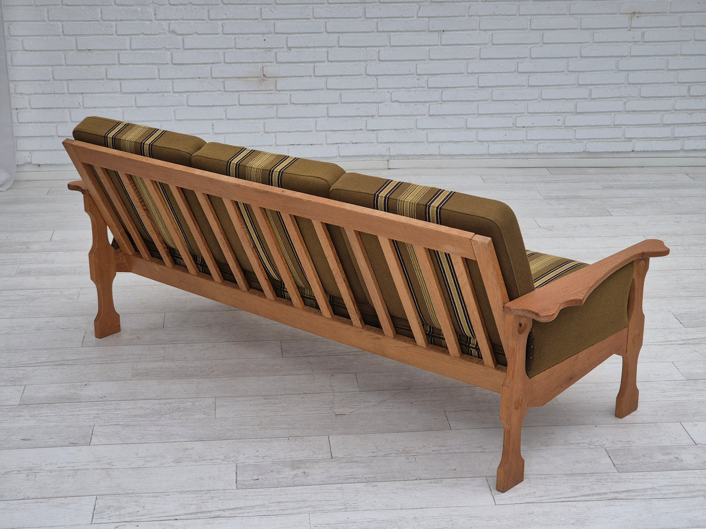 1970s, Danish 3 seater sofa, original condition, furniture wool, solid oak wood.