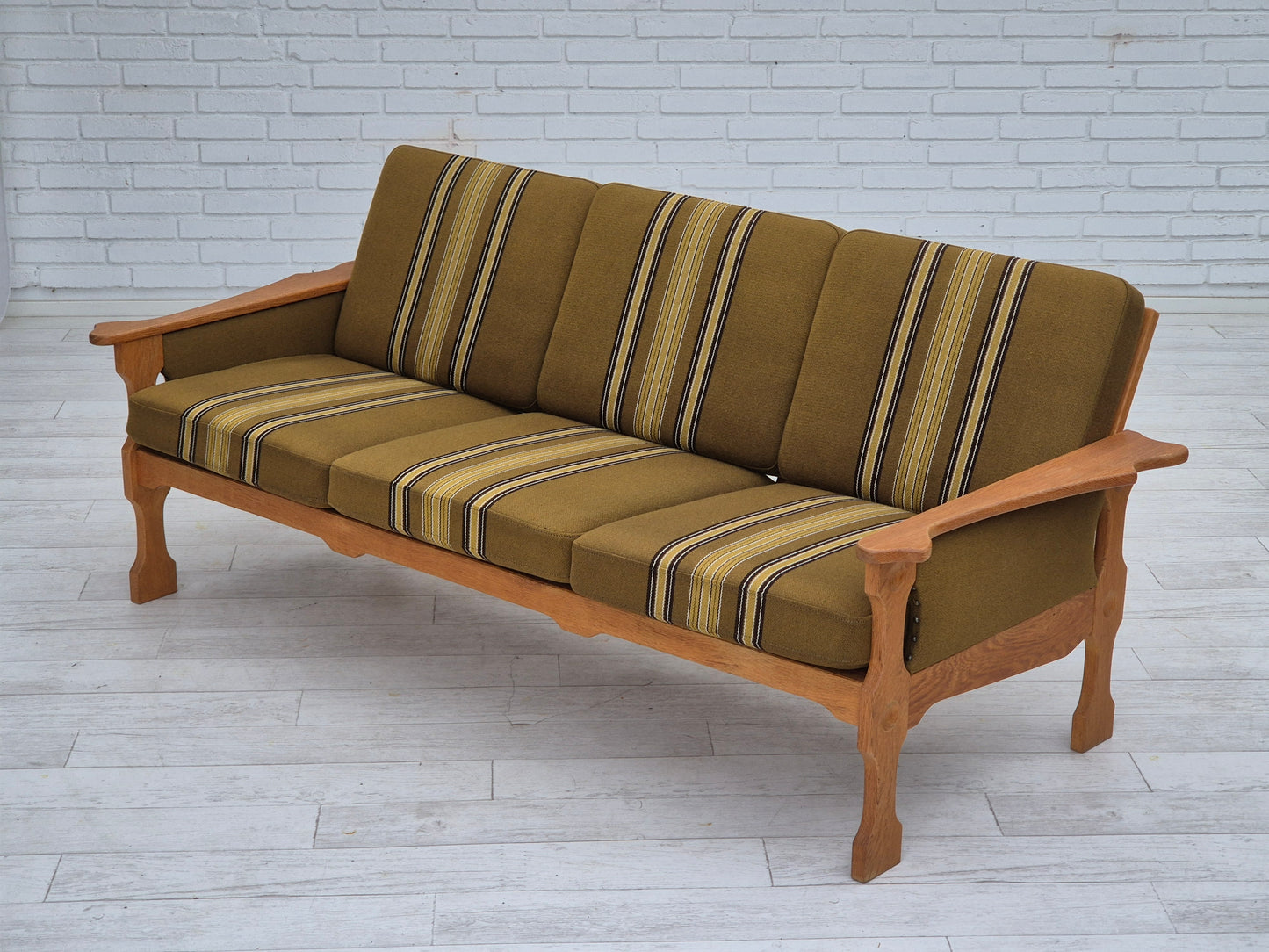 1970s, Danish 3 seater sofa, original condition, furniture wool, solid oak wood.