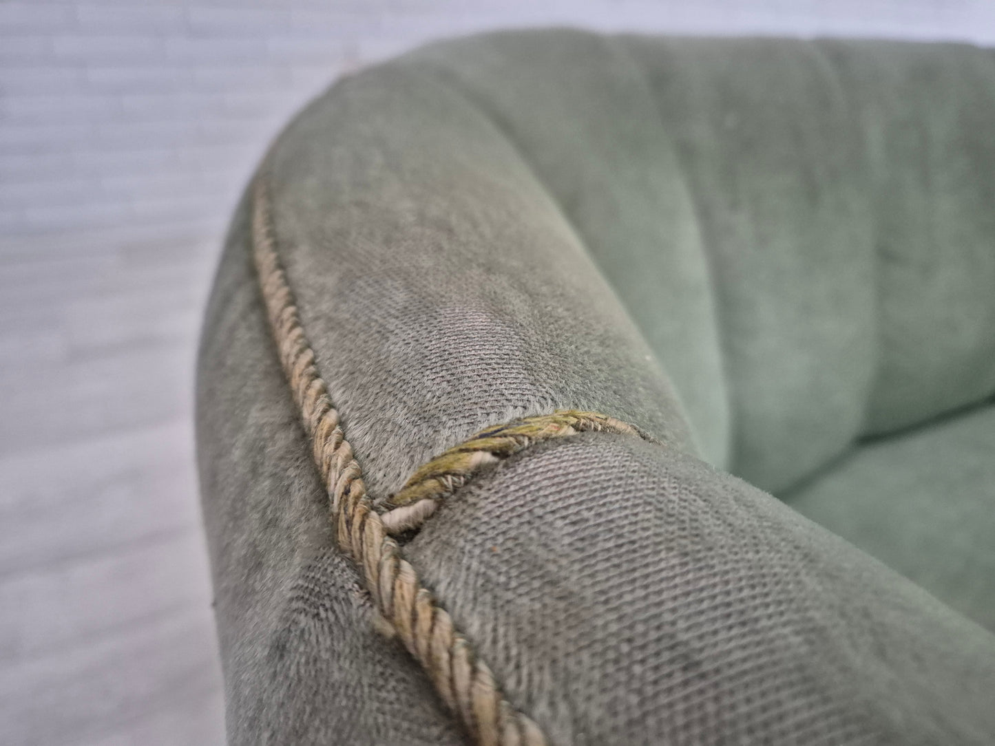 1960s, Danish "Banan" sofa, original condition, light green furniture velour.