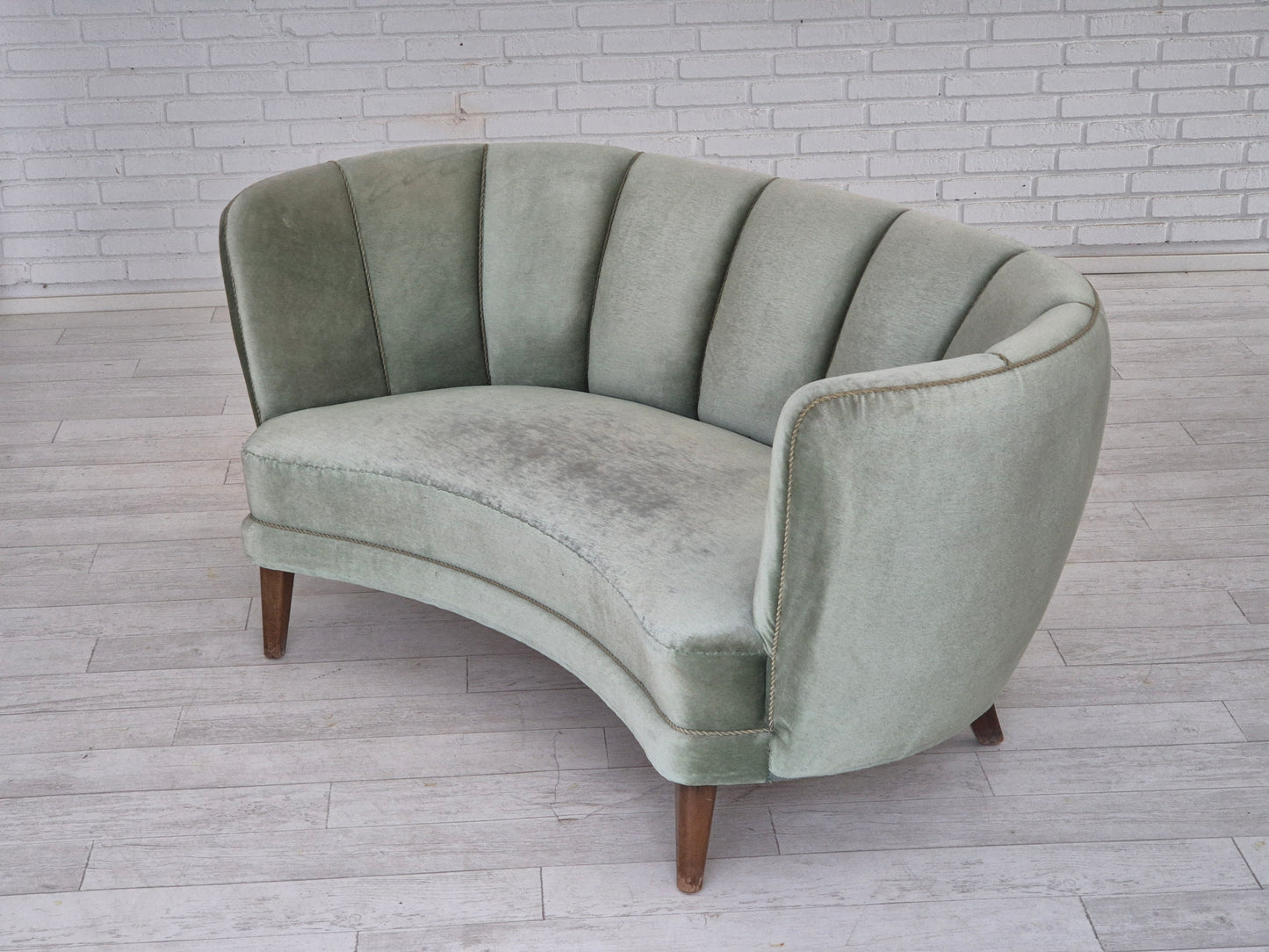 1960s, Danish "Banan" sofa, original condition, light green furniture velour.