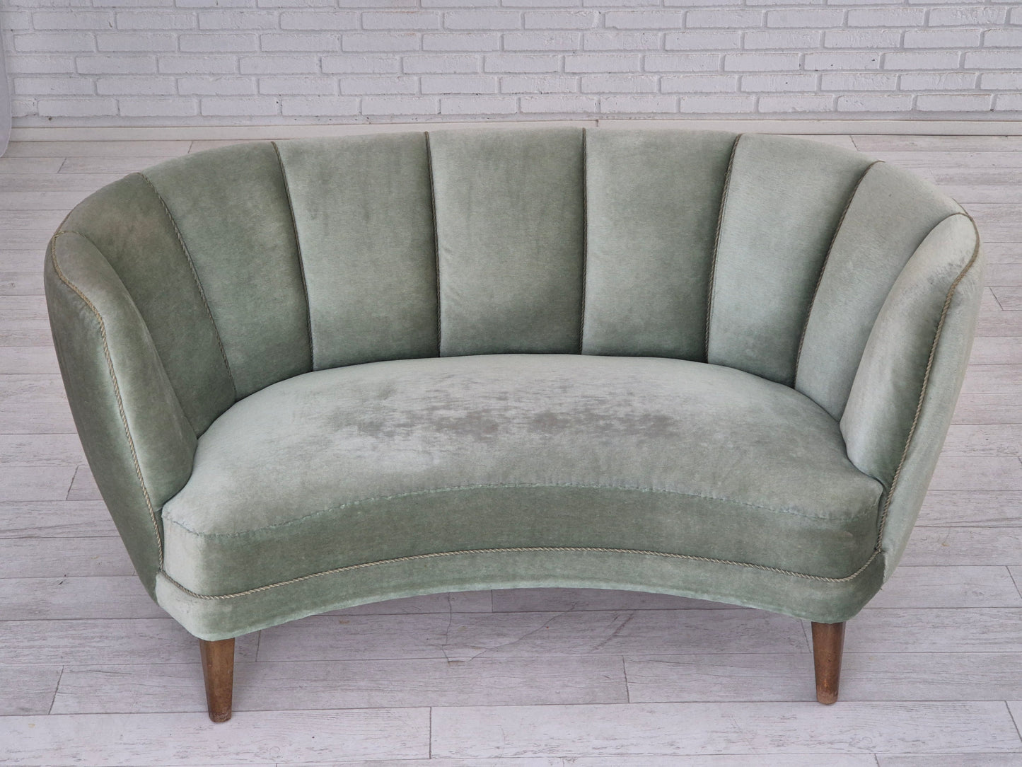 1960s, Danish "Banan" sofa, original condition, light green furniture velour.