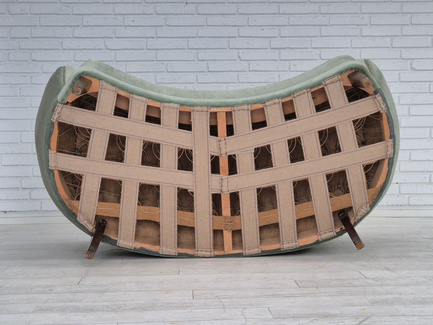 1960s, Danish "Banan" sofa, original condition, light green furniture velour.