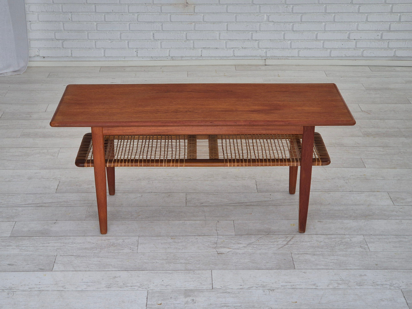 1970s, Scandinavian coffee table, original condition, teak wood, rattan.