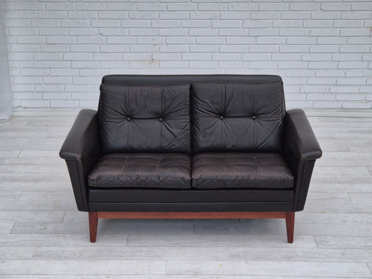 1970s, Danish 2 seater sofa, original condition, furniture leather, solid teak wood.