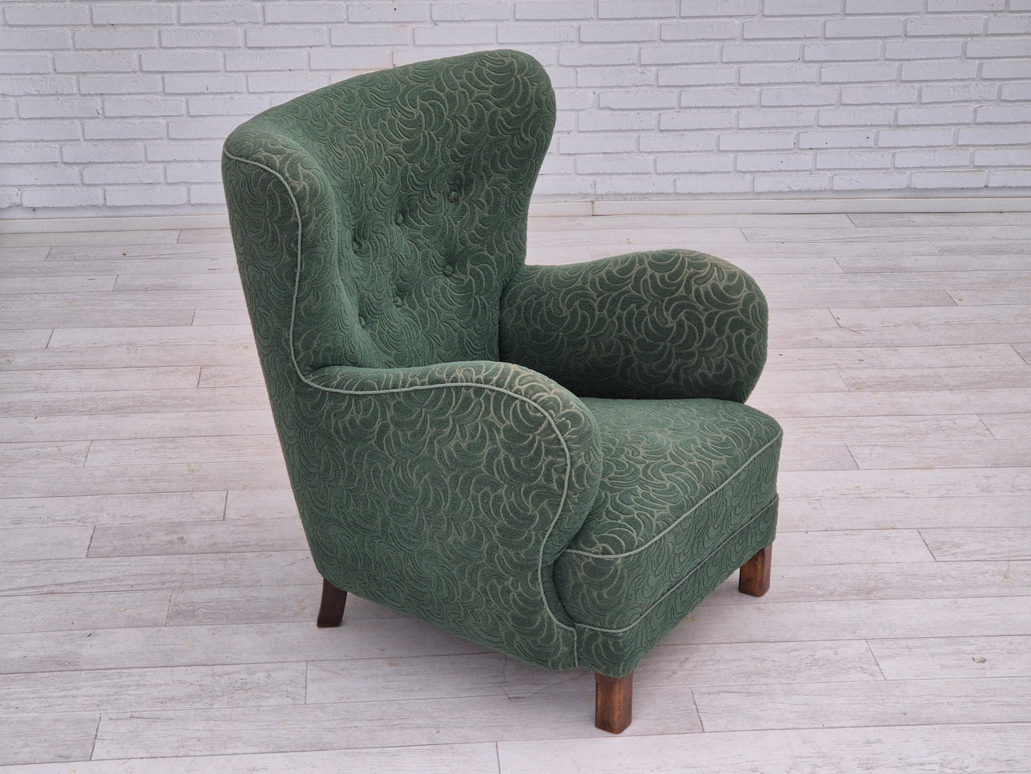 1960s, Danish armchair, original condition, furniture fabric, beech wood legs.