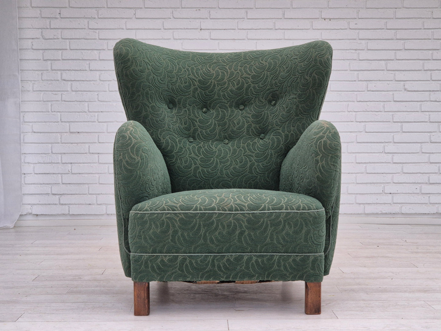 1960s, Danish armchair, original condition, furniture fabric, beech wood legs.