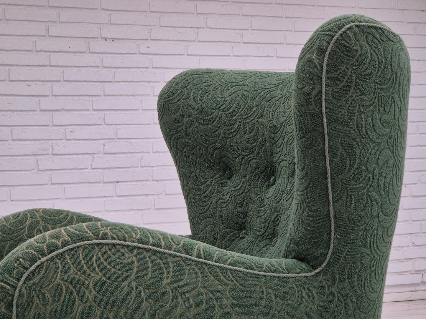 1960s, Danish armchair, original condition, furniture fabric, beech wood legs.