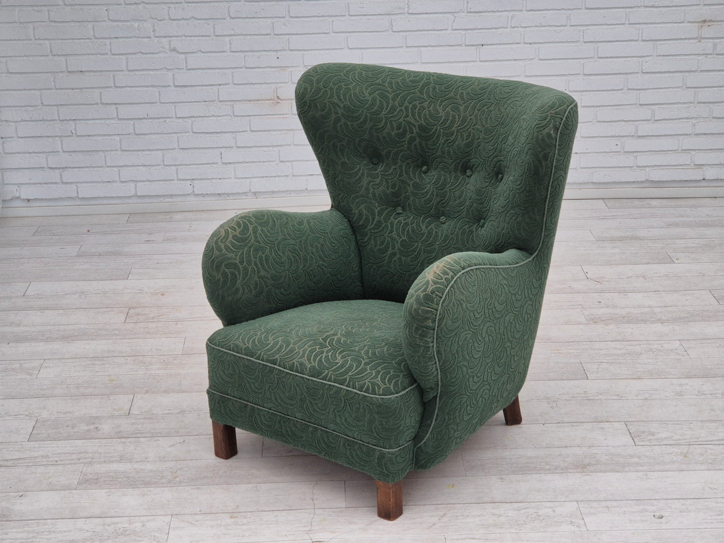 1960s, Danish armchair, original condition, furniture fabric, beech wood legs.