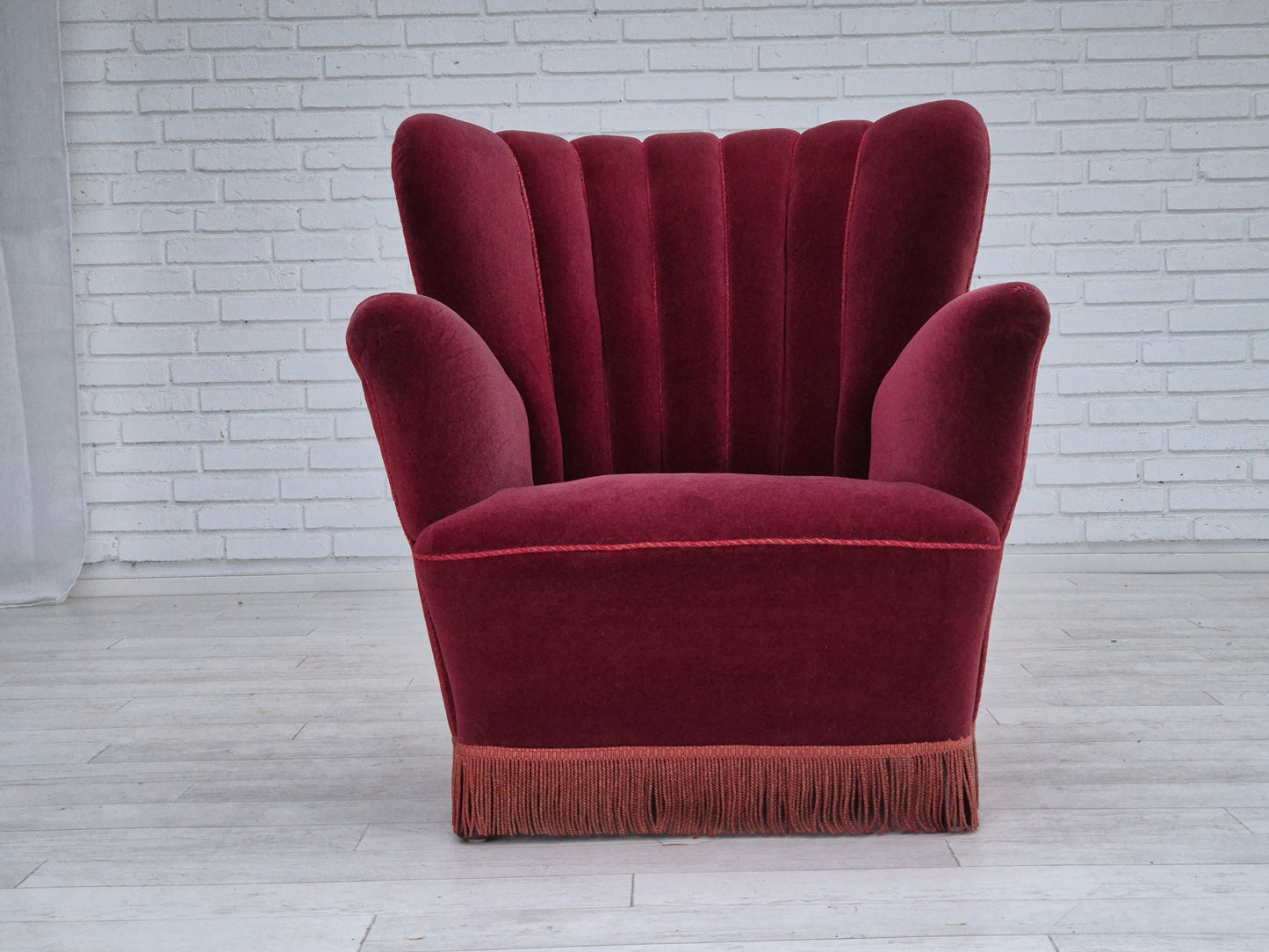 1960s, Danish armchair, original condition, cherry-red furniture velour.