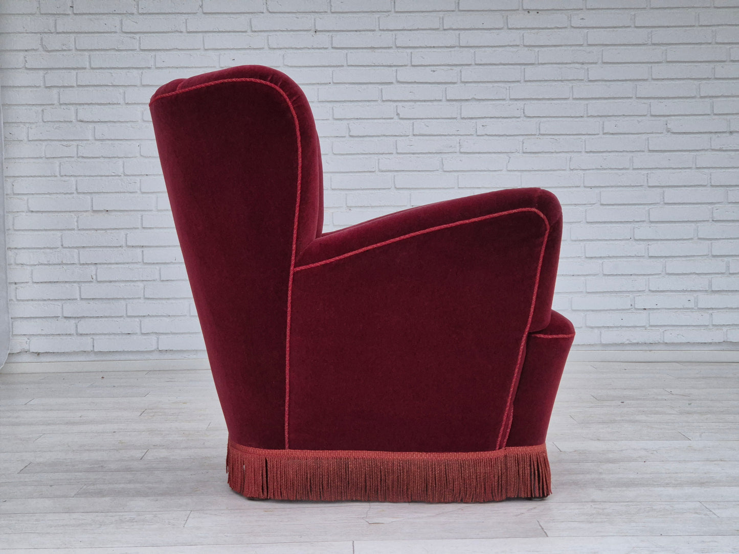 1960s, Danish armchair, original condition, cherry-red furniture velour.