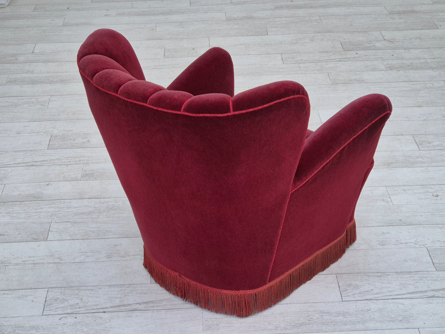 1960s, Danish armchair, original condition, cherry-red furniture velour.