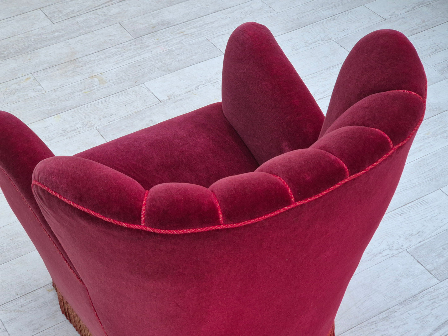 1960s, Danish armchair, original condition, cherry-red furniture velour.