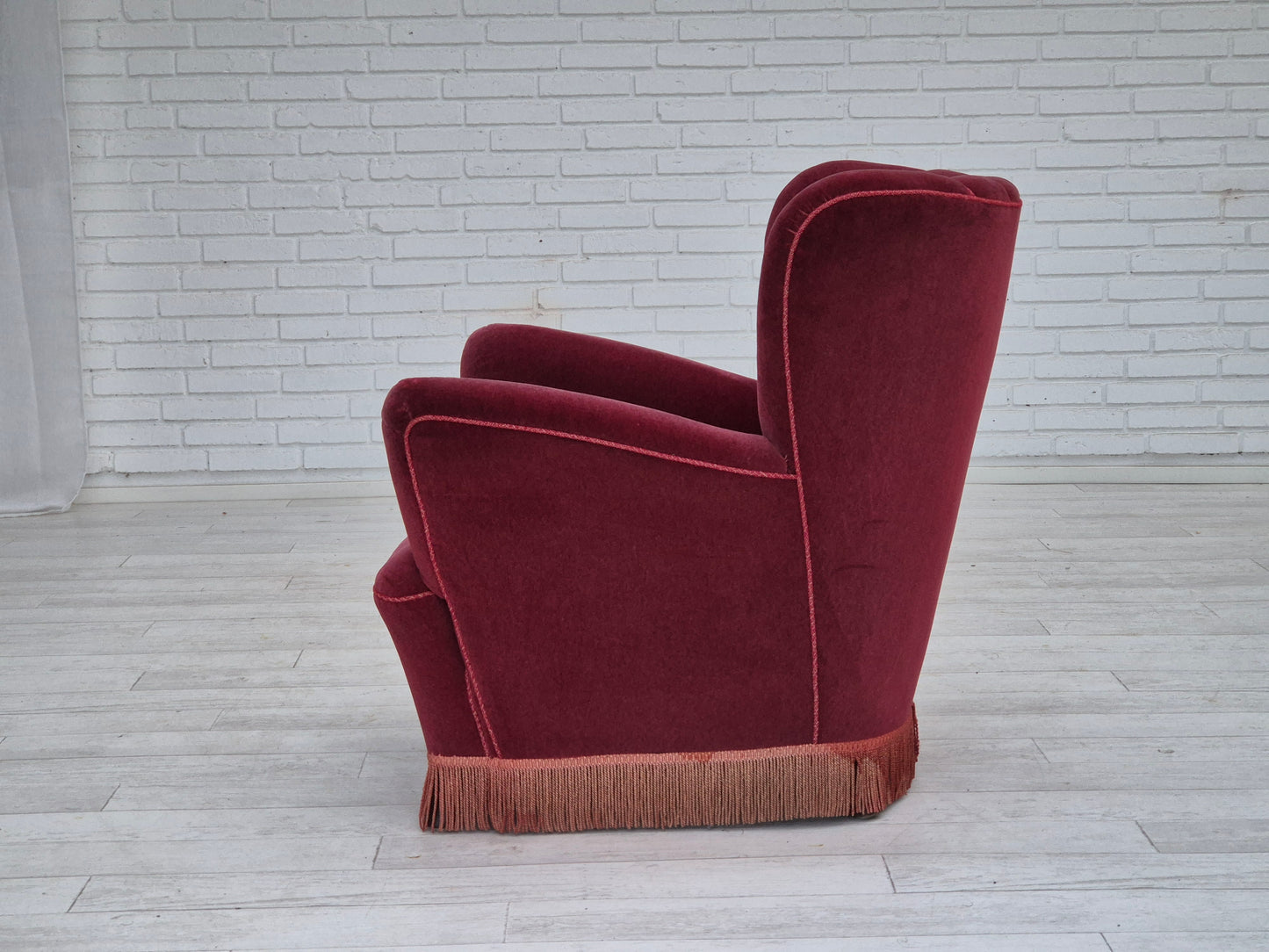 1960s, Danish armchair, original condition, cherry-red furniture velour.