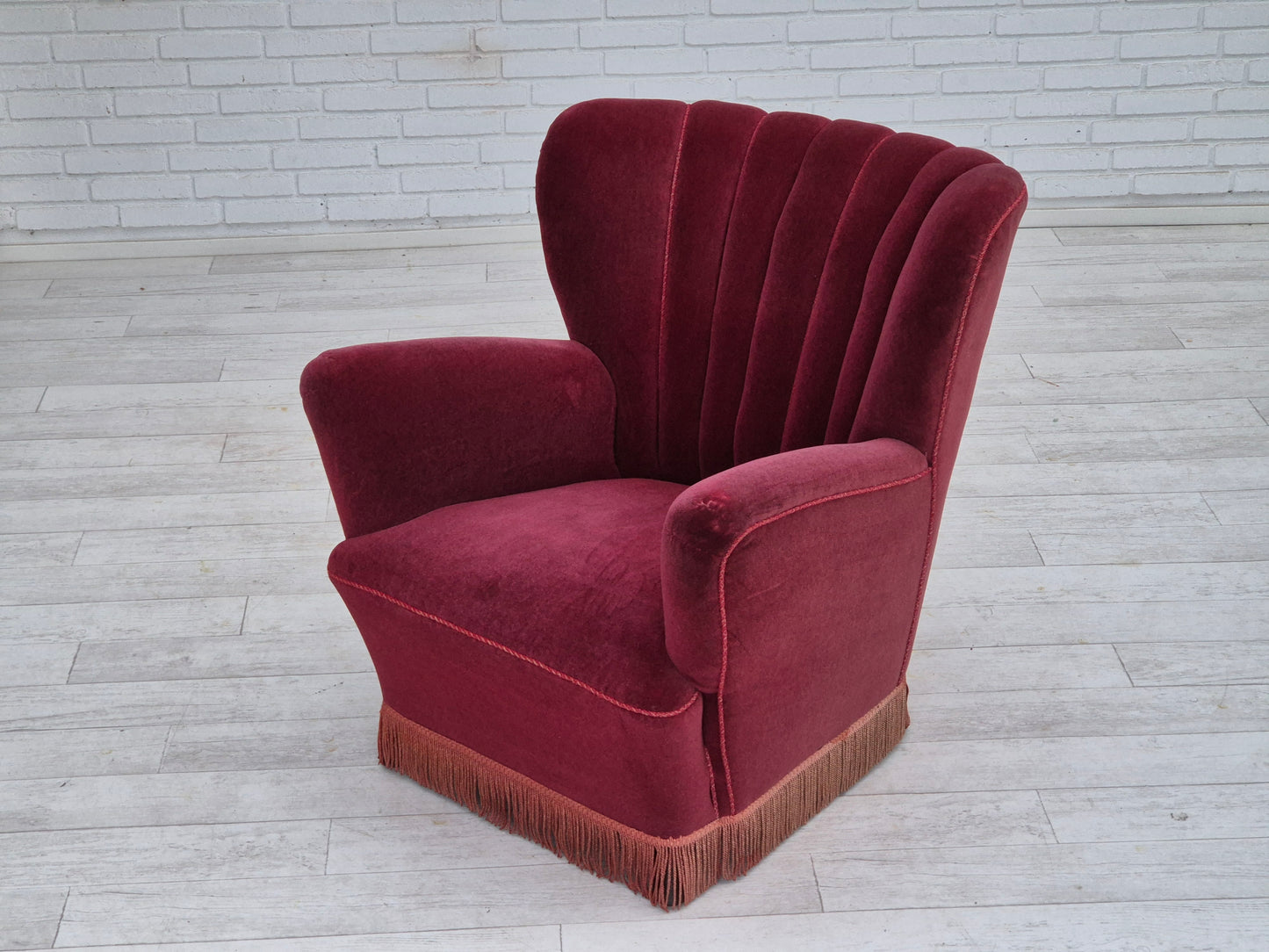 1960s, Danish armchair, original condition, cherry-red furniture velour.