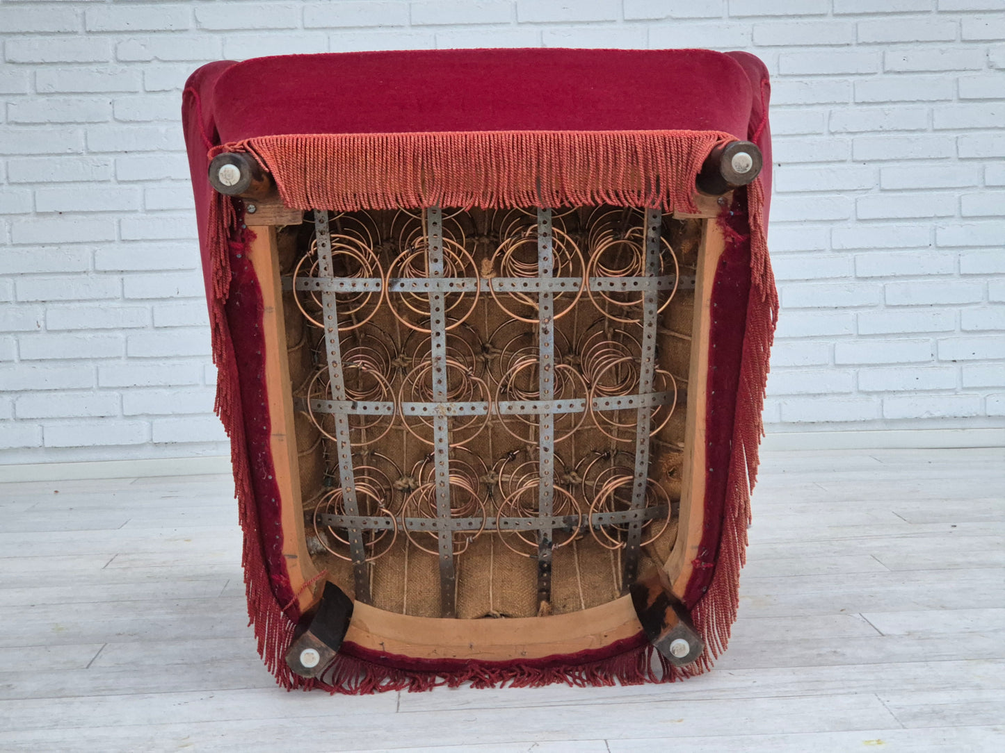 1960s, Danish armchair, original condition, cherry-red furniture velour.