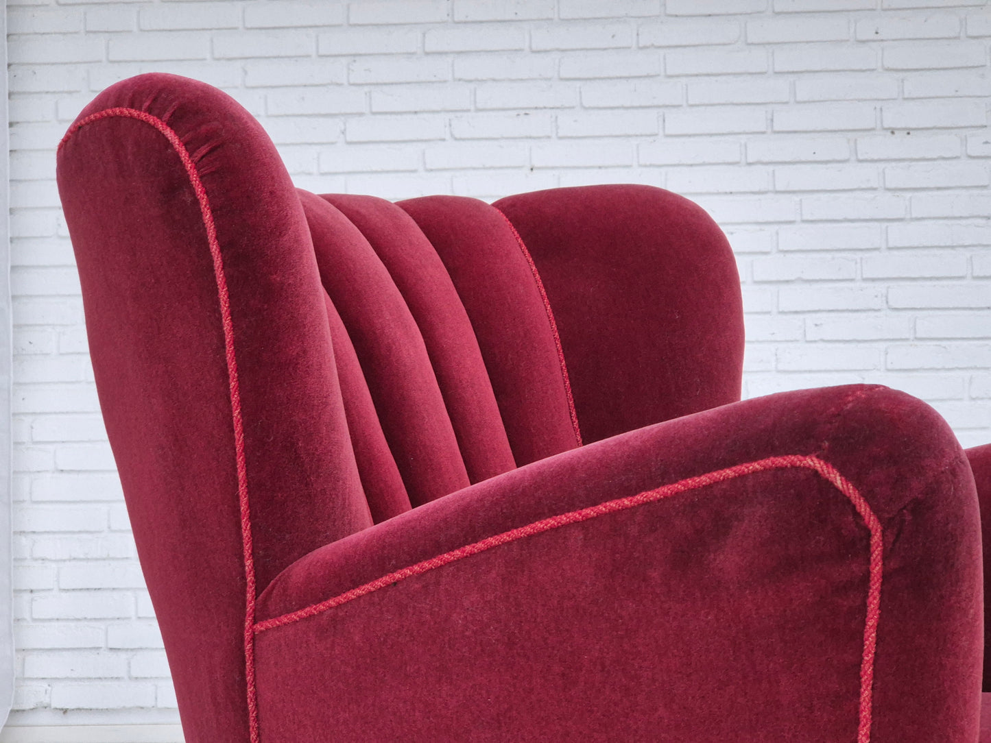 1960s, Danish armchair, original condition, cherry-red furniture velour.