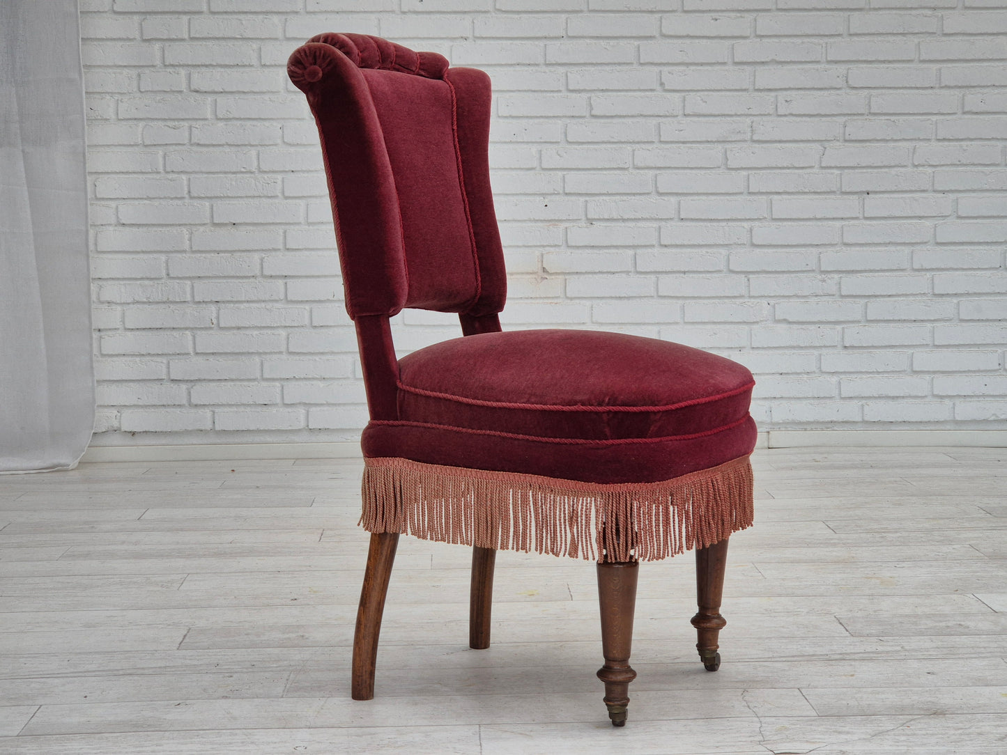 1950s, par of vintage Danish chairs, original condition, red furniture velour.