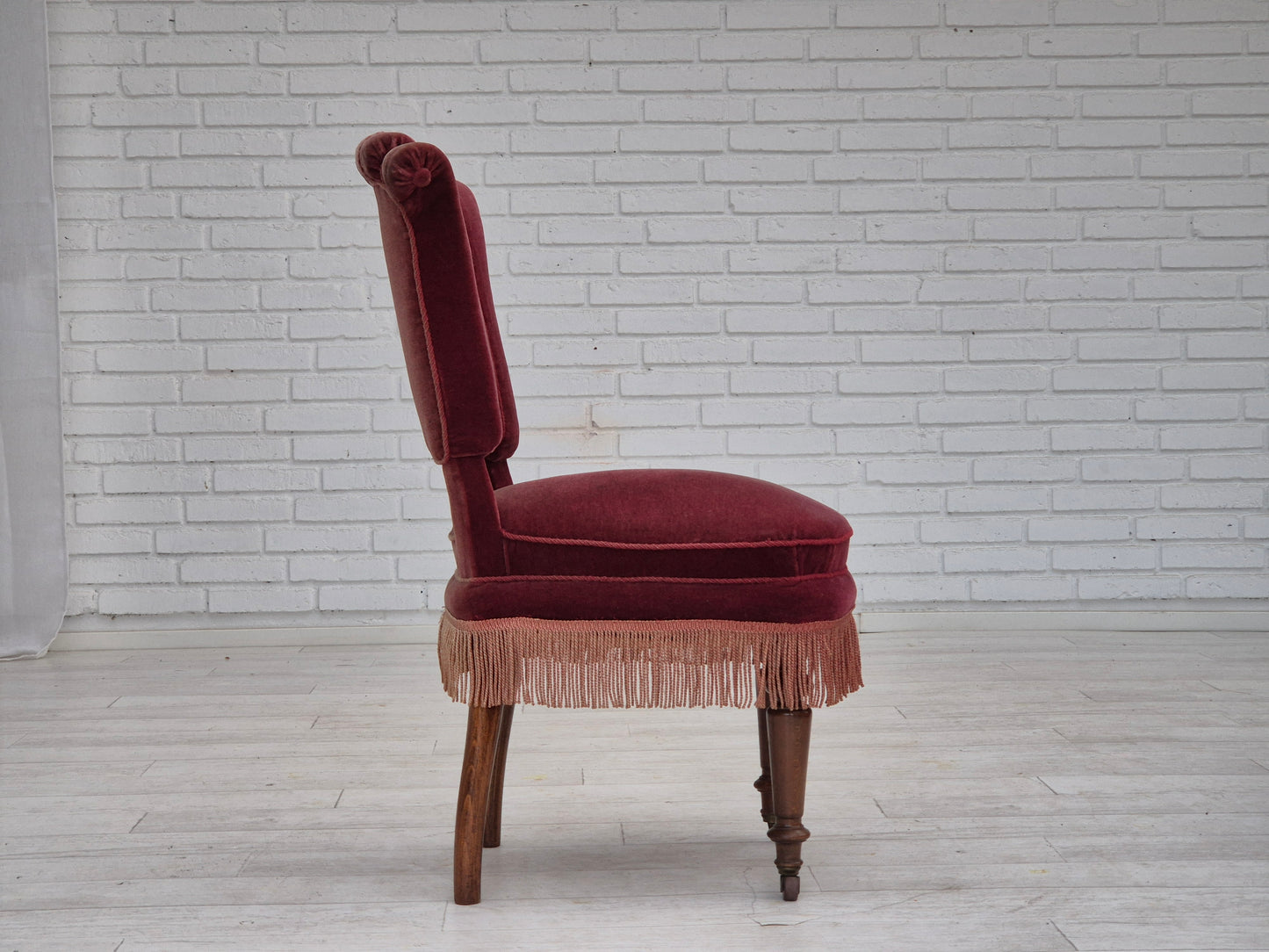 1950s, par of vintage Danish chairs, original condition, red furniture velour.