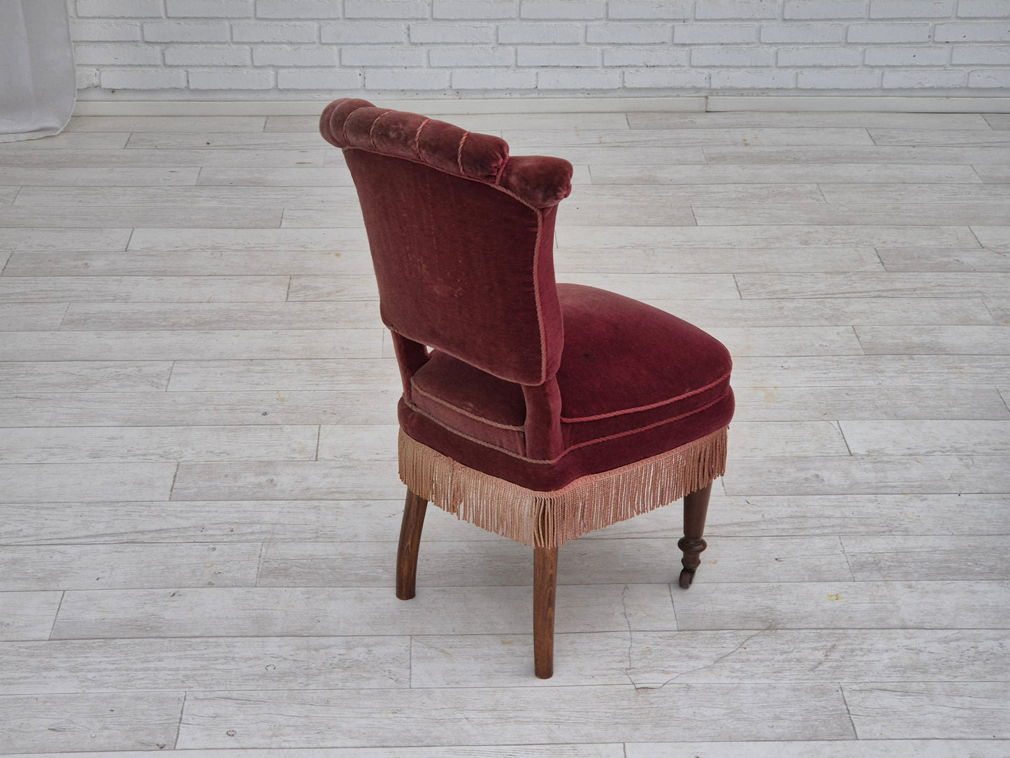 1950s, par of vintage Danish chairs, original condition, red furniture velour.