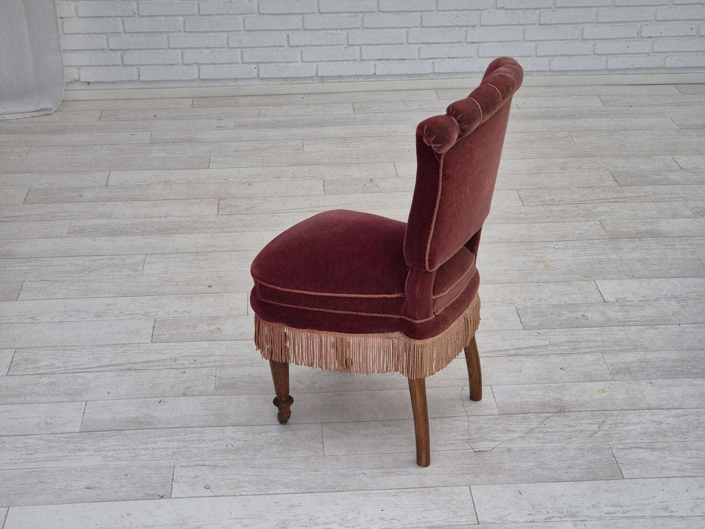 1950s, par of vintage Danish chairs, original condition, red furniture velour.