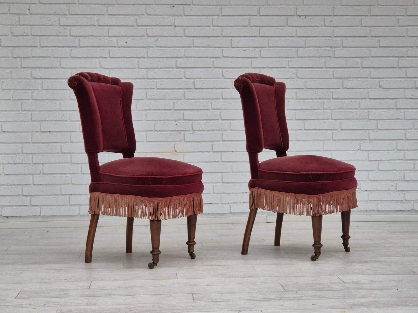 1950s, par of vintage Danish chairs, original condition, red furniture velour.