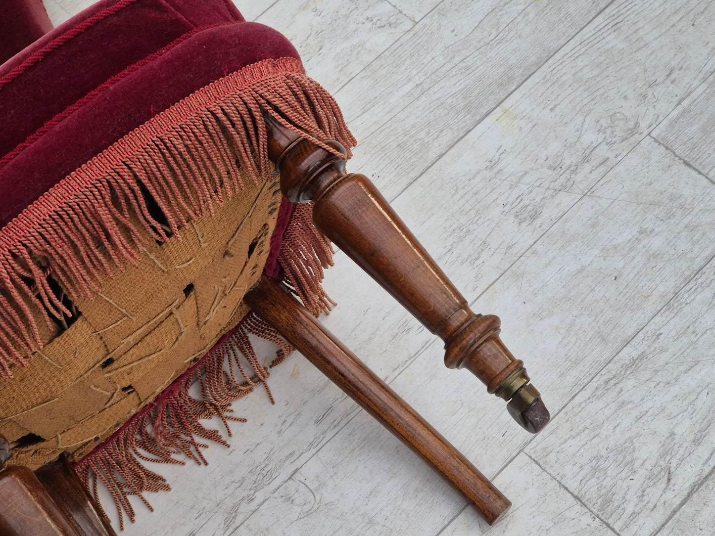 1950s, par of vintage Danish chairs, original condition, red furniture velour.