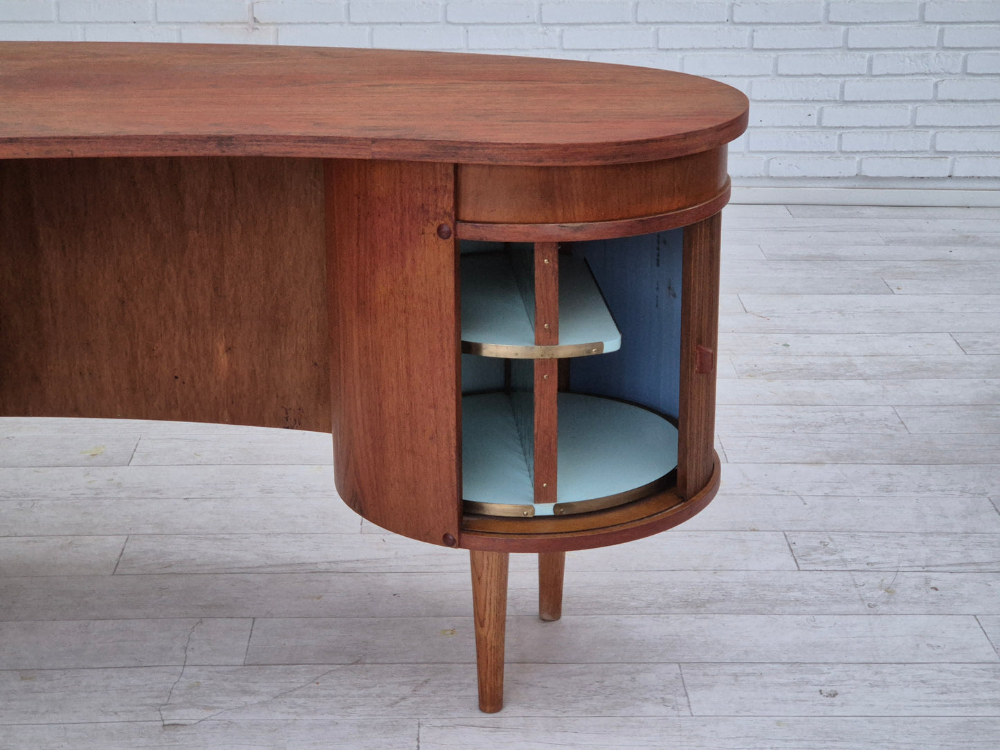 1960s, Danish design by Tibergaard Nielsen for Ikast Møbelfabrik, free standing desk with rotating bar section.