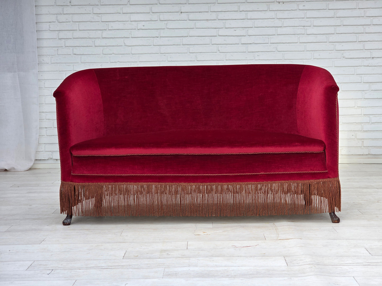 1960s, Danish 2-seater sofa, red furniture velour, ash wood legs.