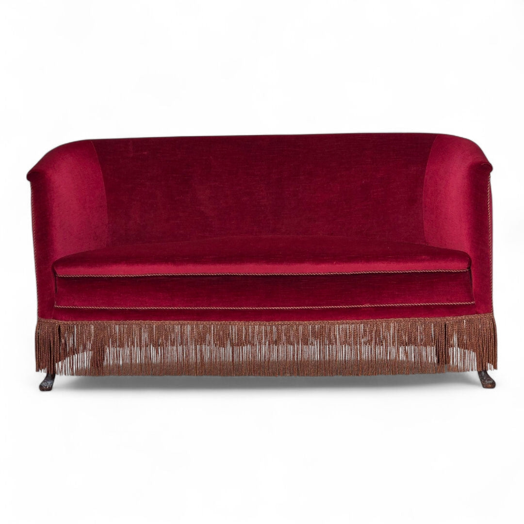 1960s, Danish 2-seater sofa, red furniture velour, ash wood legs.