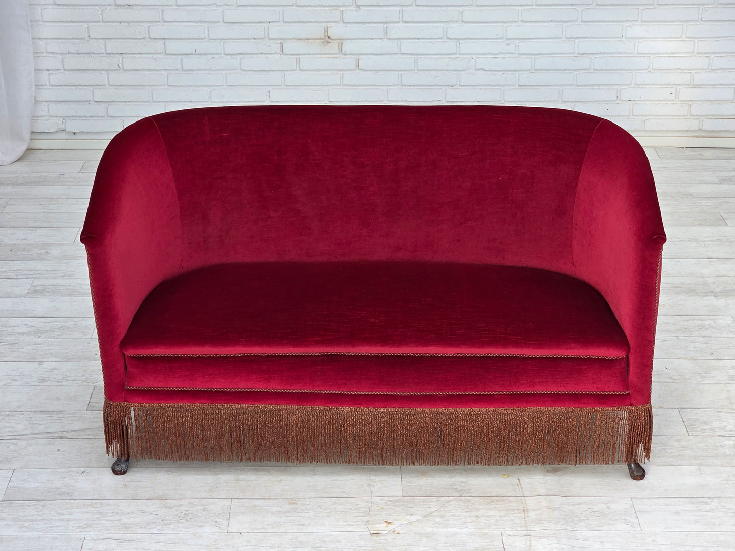 1960s, Danish 2-seater sofa, red furniture velour, ash wood legs.