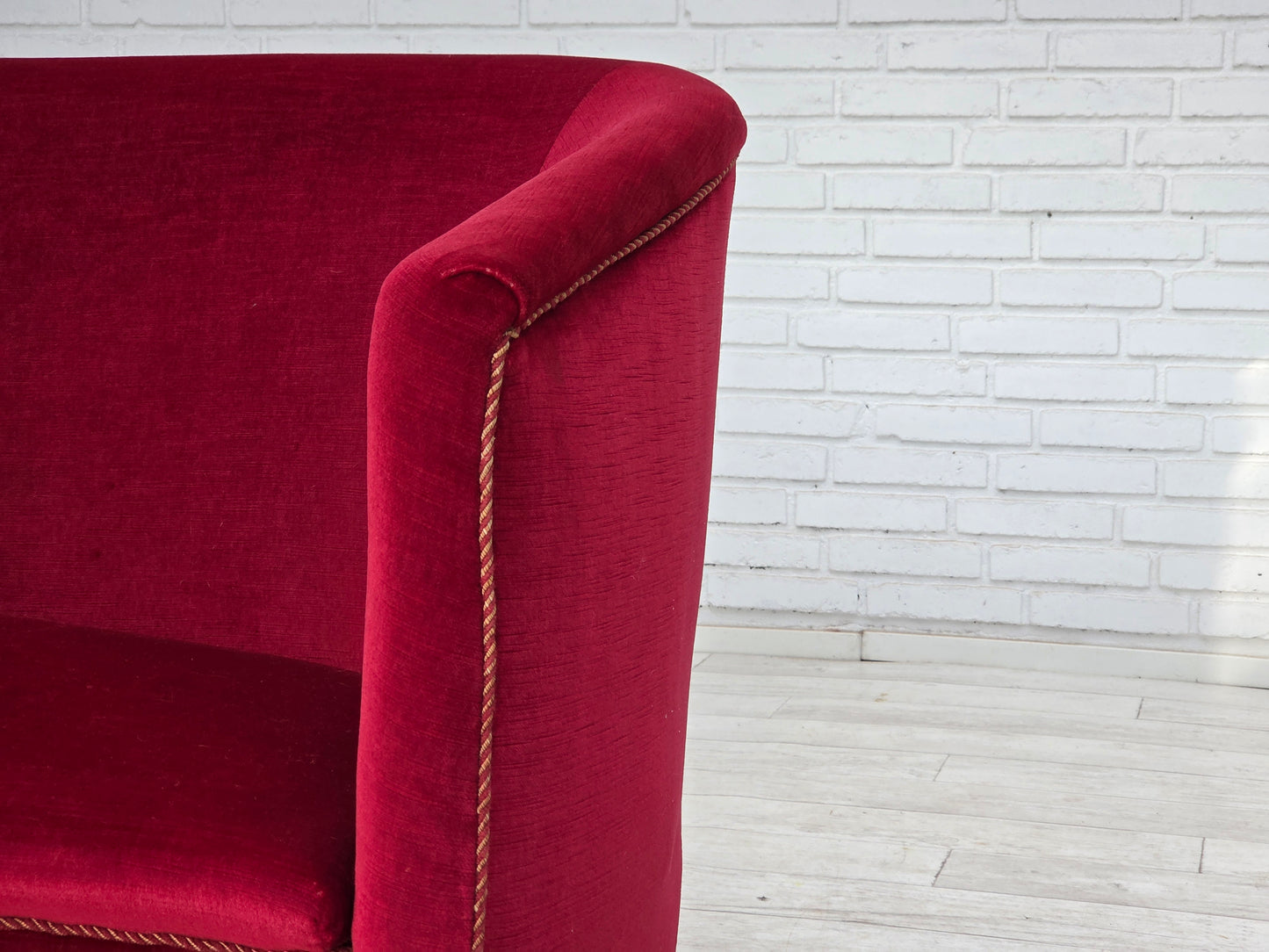 1960s, Danish 2-seater sofa, red furniture velour, ash wood legs.